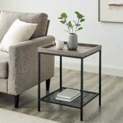 Walker Edison Emma Square Tray Side Table With Mesh Metal Shelf