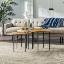 Walker Edison Modern Round Nesting Coffee Tables With Tapered Legs, Set Of 3