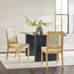 Walker Edison Catalina Solid Wood Dining Chair With Rattan Inset Back, Set Of 2