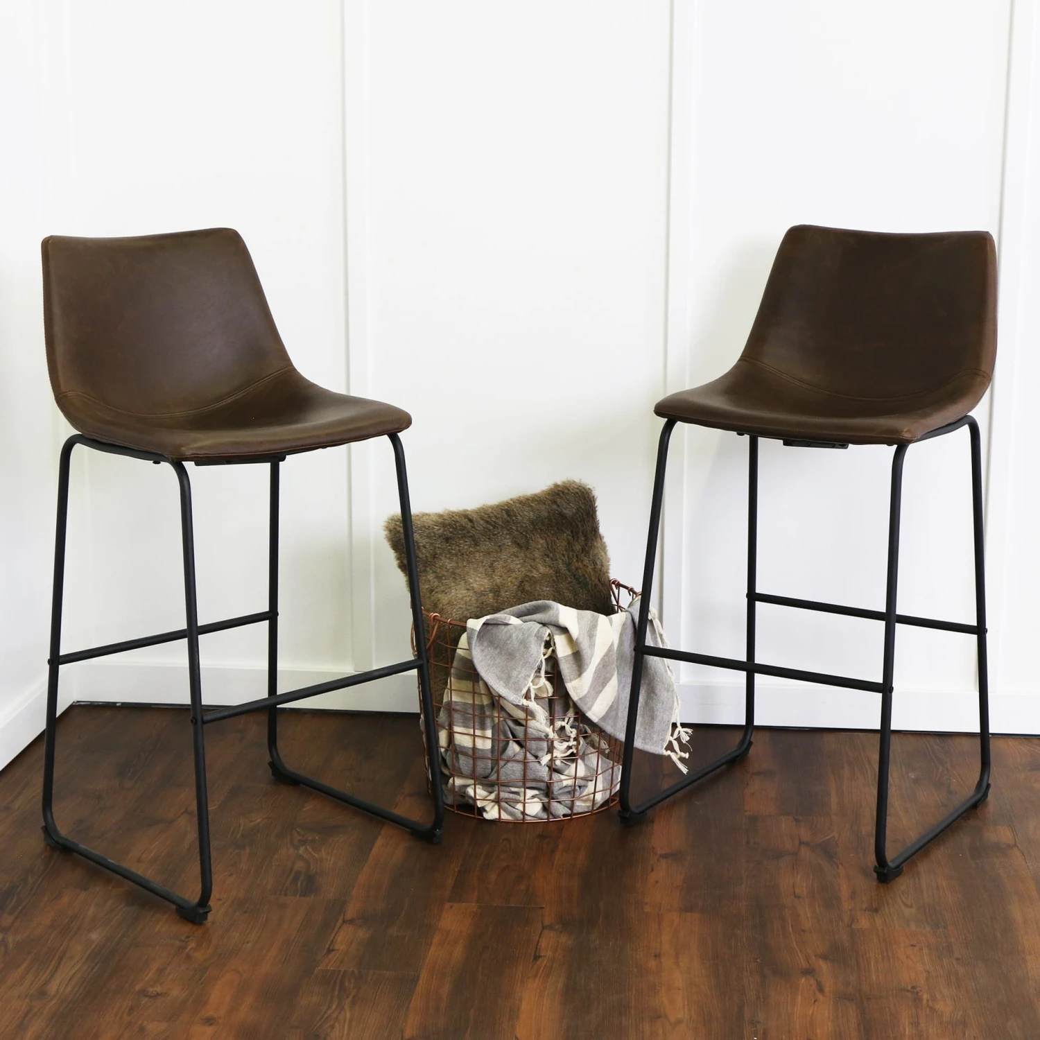 Walker Edison Wasatch Faux Leather Bar Stools (Set Of 2) - Brown 1 Walker Edison Wasatch Faux Leather Bar Stools (Set Of 2) - Brown