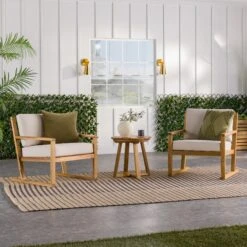 Walker Edison 3-Piece Modern Acacia Outdoor Slatted Chat Set With Side Table