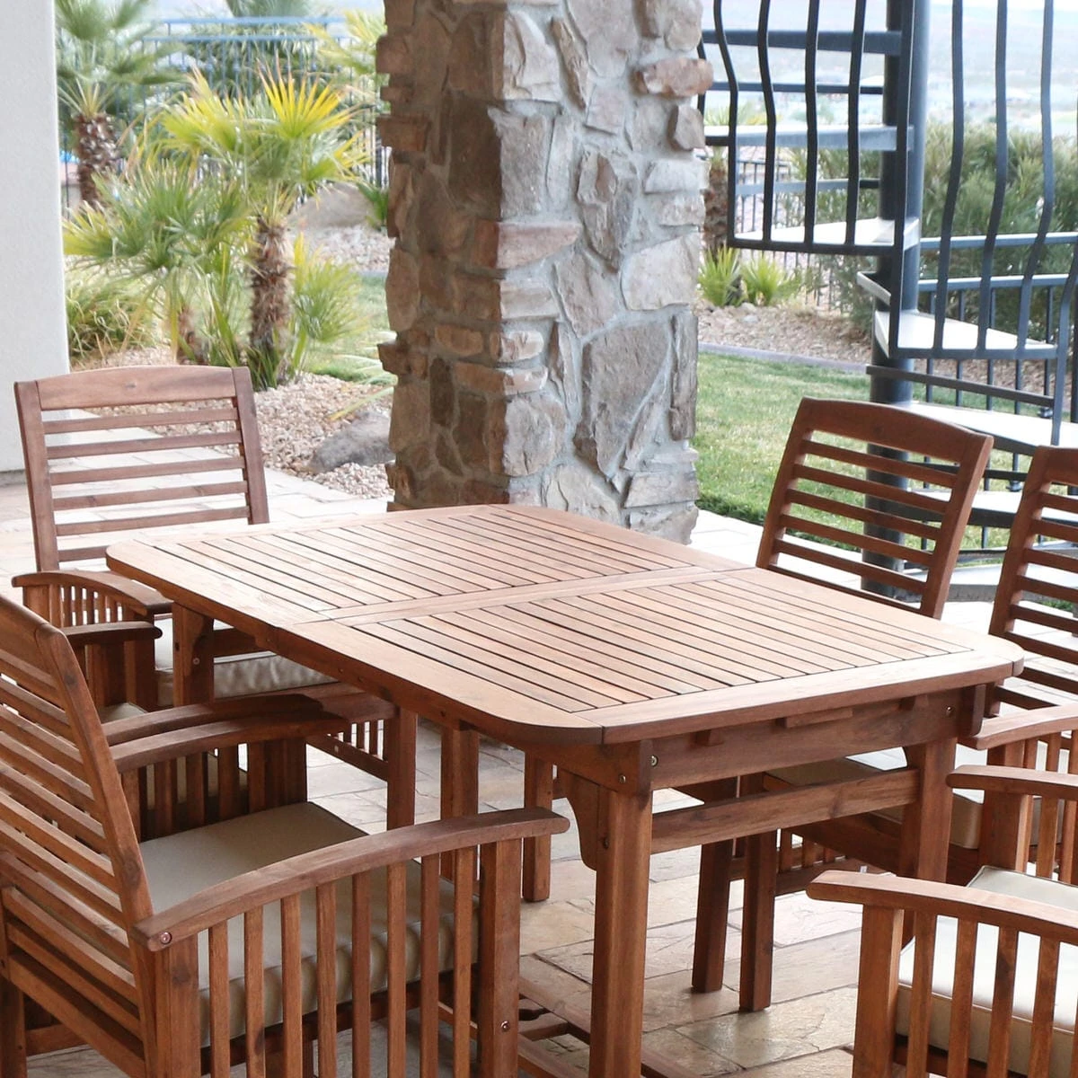 Walker Edison Midland 7-Piece Acacia Patio Dining Set W/ Cushions - Brown 3 Walker Edison Midland 7-Piece Acacia Patio Dining Set W/ Cushions - Brown - Image 3