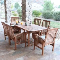 Walker Edison Midland 7-Piece Acacia Patio Dining Set W/ Cushions - Brown