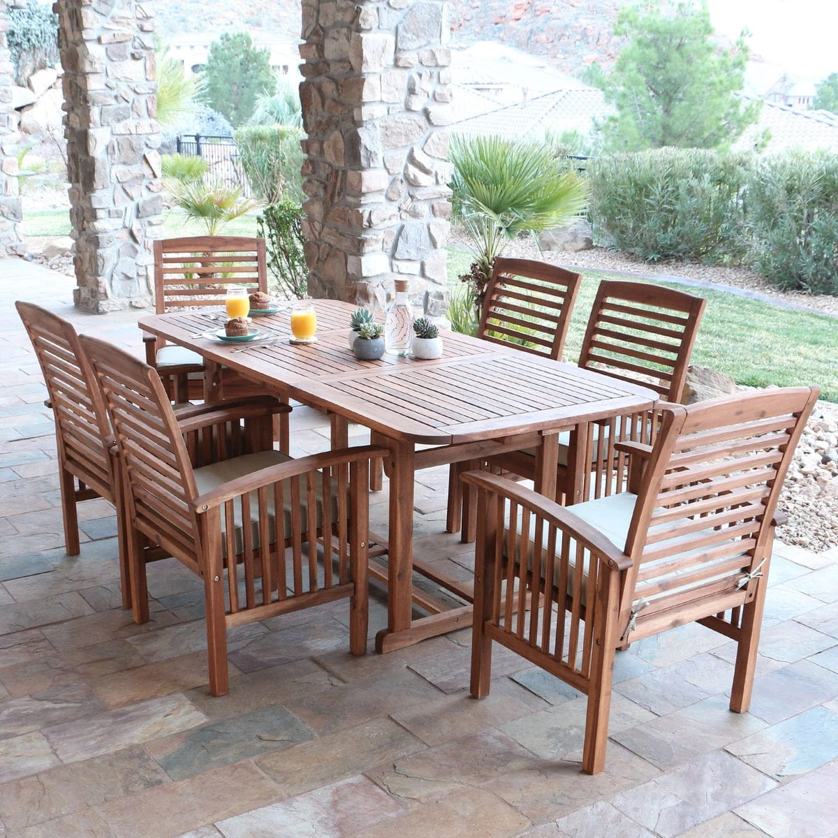 Walker Edison Midland 7-Piece Acacia Patio Dining Set W/ Cushions - Brown 1 Walker Edison Midland 7-Piece Acacia Patio Dining Set W/ Cushions - Brown