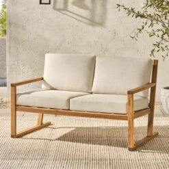 Walker Edison Modern Solid Wood Slatted Outdoor Loveseat
