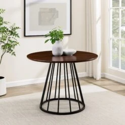 Walker Edison Modern Round Dining Table With Metal Base