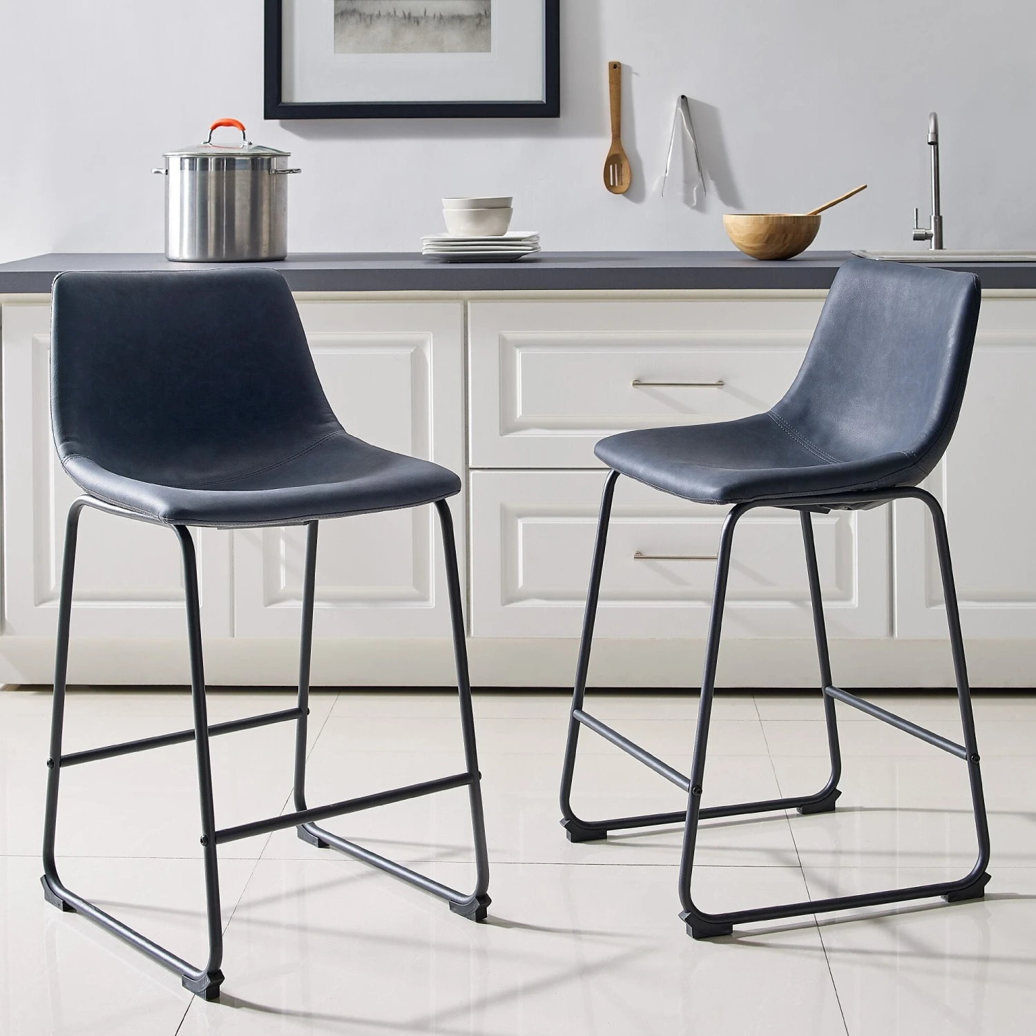 Walker Edison 26 Inch Faux Leather Counter Stool (Set Of 2) - Navy Blue 4 Walker Edison 26 Inch Faux Leather Counter Stool (Set Of 2) - Navy Blue - Image 4