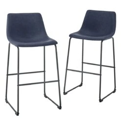 Walker Edison 30 Inch Industrial Faux Leather Barstools (Set Of 2) - Navy Blue