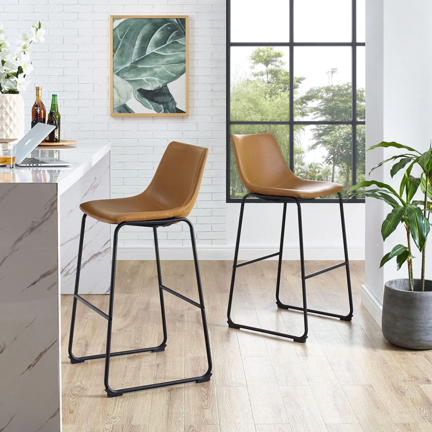 Walker Edison 30 Inch Industrial Faux Leather Barstool (Set Of 2) - Whiskey Brown 4 Walker Edison 30 Inch Industrial Faux Leather Barstool (Set Of 2) - Whiskey Brown - Image 4