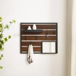 Walker Edison 43" Slatted Wall Organizer With Mirror