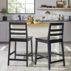 Walker Edison Solid Wood Ladder Back Counter Stool, Set Of 2