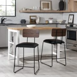 Walker Edison Modern 2-Piece Faux Leather Metal And Wood Counter Stool Set